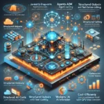 futurystyczna infografika przedstawiajaca nowa platforme AI od Cloudflare podkreslajaca kluczowe aspekty takie jak efektywnosc kosztowa ulepszenia Workers AI oraz struktura agentow AI