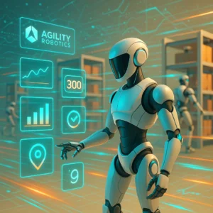 Roboty humanoidalne Digit od Agility Robotics w pracy w magazynie, osiągające 65 tys. godzin u liderów rynku.